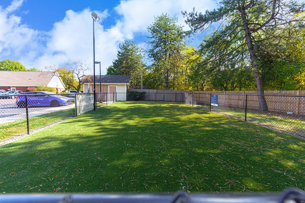 a fenced in backyard with a lawn and a fence